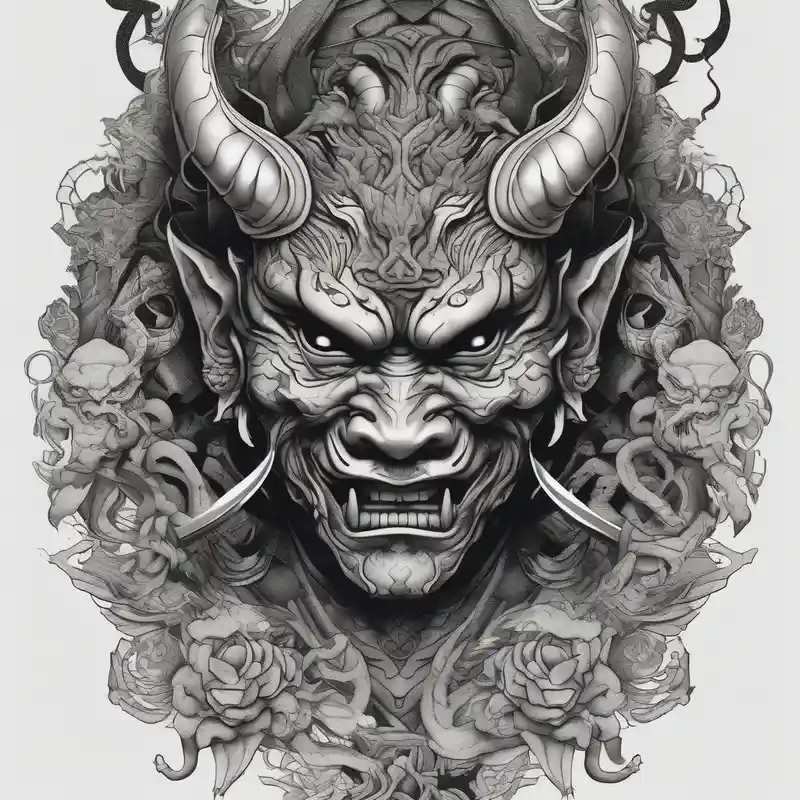Back Tattoo with An Oni With a broken mask and a Sword, Dragons & snakes men ear tattoo